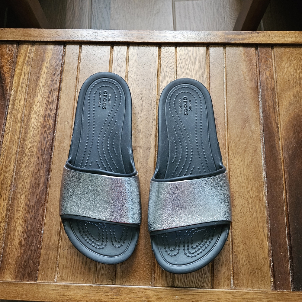 CROCS Metallic Silver and Black Slides - Picture 2 of 5